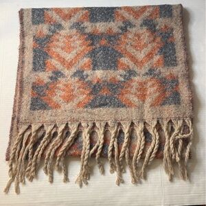 ZARA Tribal Knit Pattern Plaid Tartan Fall Autumn Orange Shawl Wrap Scarf Braids